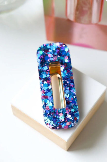 Barrette rectangle | Paillettes crazy blue